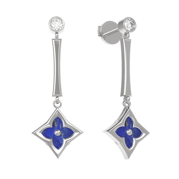 Серьги из белого золота c фианитом и лазуритом