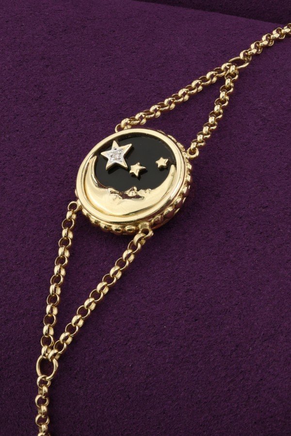 Браслет из лимонного золота 585 пробы c бриллиантами, ониксом и перламутром