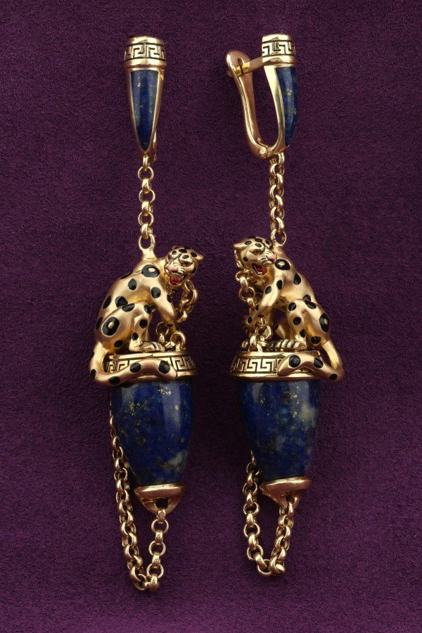 Серьги из лимонного золота c эмалью и лазуритом
