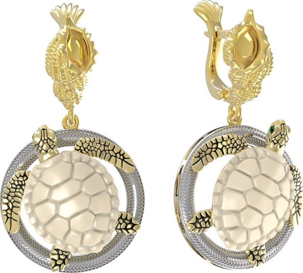 Серьги из лимонного золота 585 пробы c эмалью и бивнем мамонта