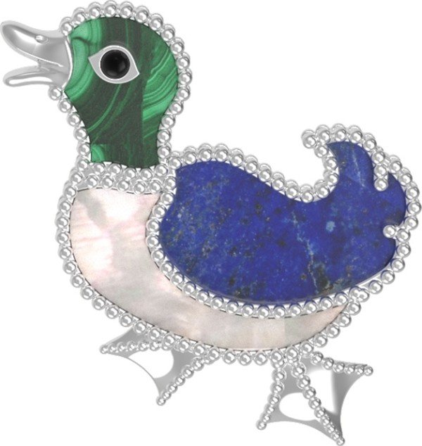 Брошь из белого золота c эмалью, лазуритом, малахитом и перламутром