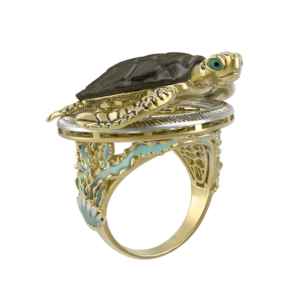 Кольцо из лимонного золота c эмалью и железным деревом