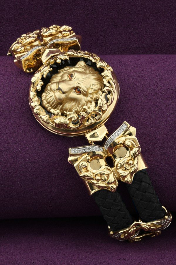 Браслет из лимонного золота 585 пробы c эмалью, бриллиантами, шнурком и ониксом