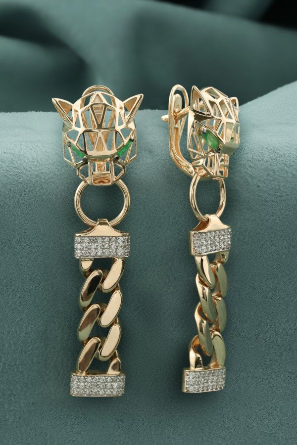 Серьги из золота 585 пробы c бриллиантами и изумрудом