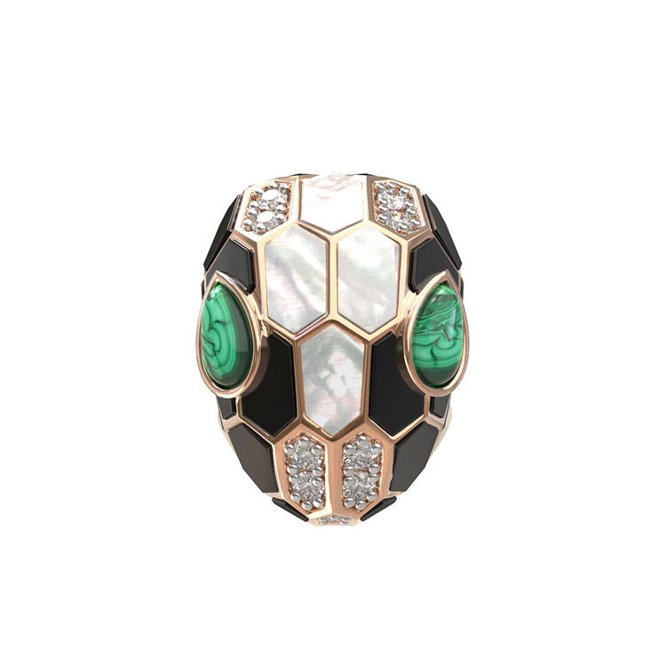 Кольцо из золота c бриллиантами, рубином, ониксом, малахитом и перламутром