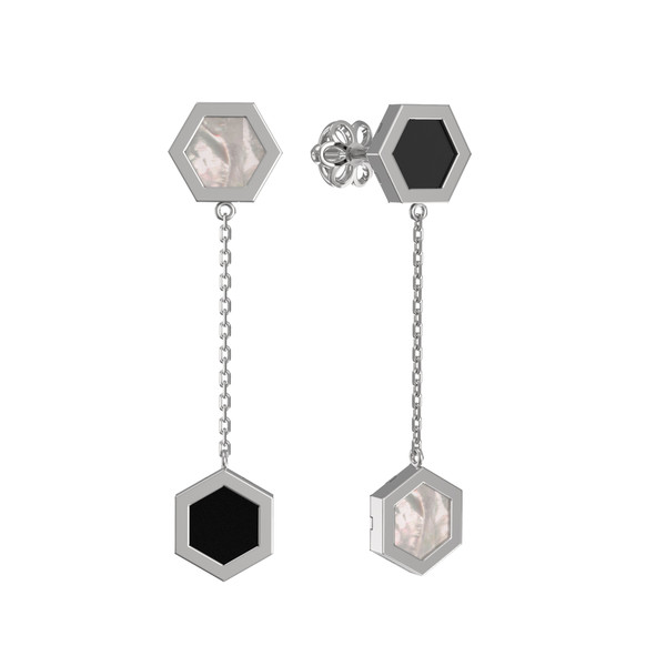 Серьги из белого золота c ониксом и перламутром