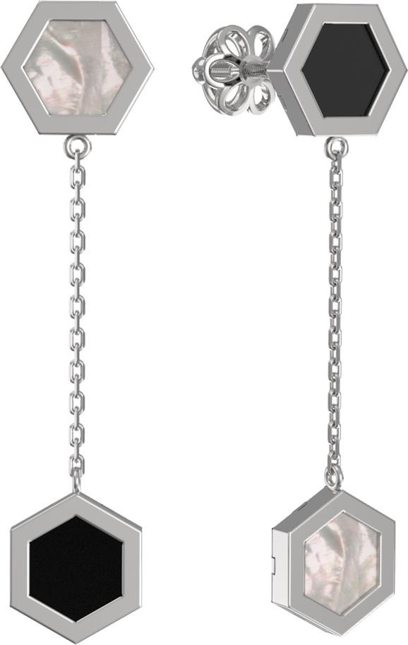 Серьги из белого золота c ониксом и перламутром