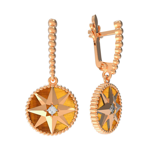 Серьги из золота c фианитом и тигровым глазом