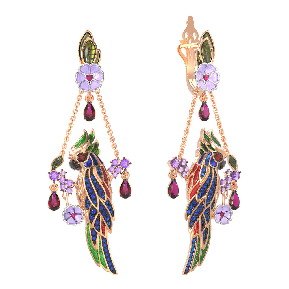 Серьги из золота c эмалью, аметистом, рубином, аметистом и сапфиром