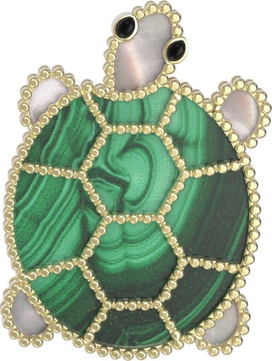 Брошь из лимонного золота c эмалью, малахитом и перламутром