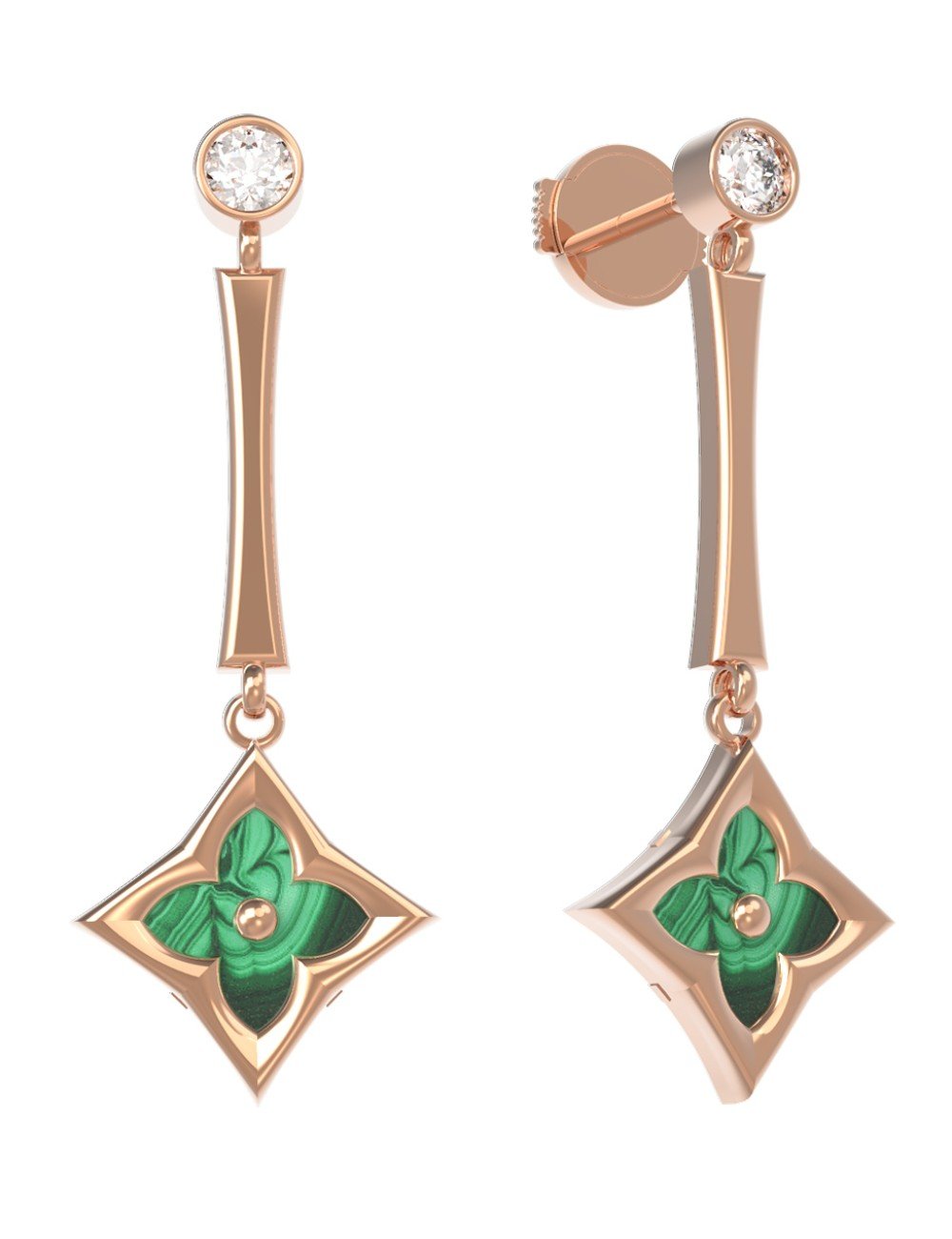 Серьги из золота 585 пробы c фианитом и малахитом