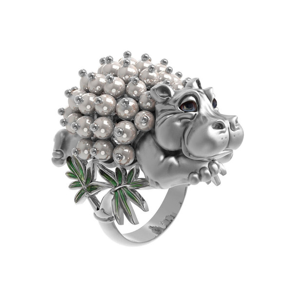 Кольцо из белого золота c эмалью и жемчугом