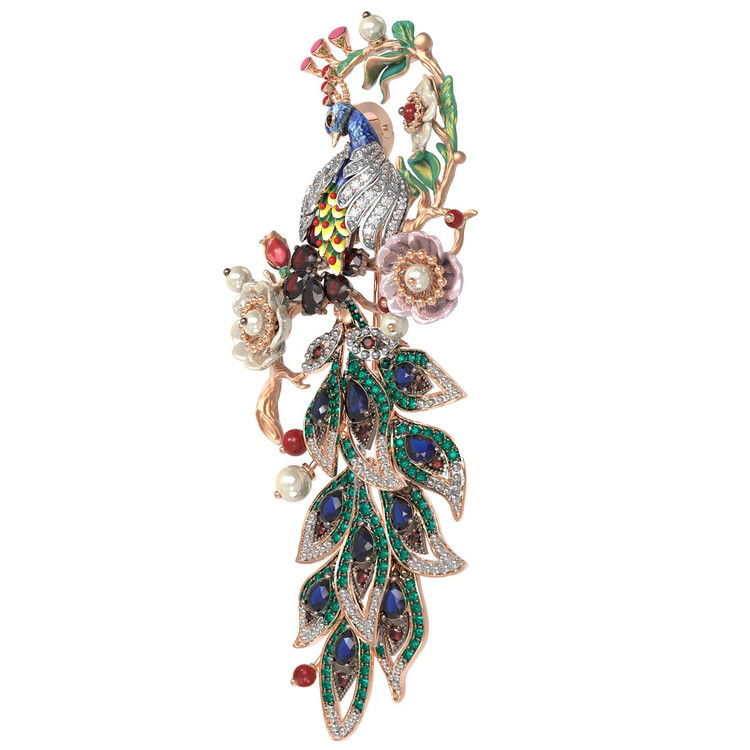 Брошь из золота c эмалью, фианитом, гранатом, жемчугом, сапфиром, кораллом и перламутром