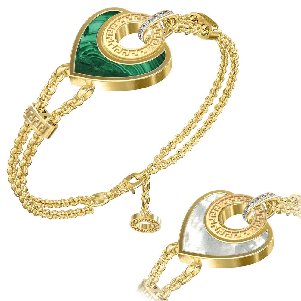 Браслет из лимонного золота c фианитом, малахитом и перламутром