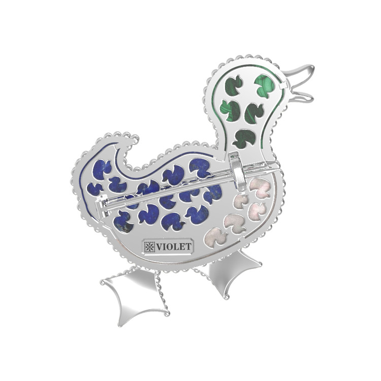 Брошь из белого золота c эмалью, лазуритом, малахитом и перламутром