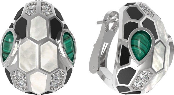 Серьги из белого золота c бриллиантами, рубином, ониксом, малахитом и перламутром