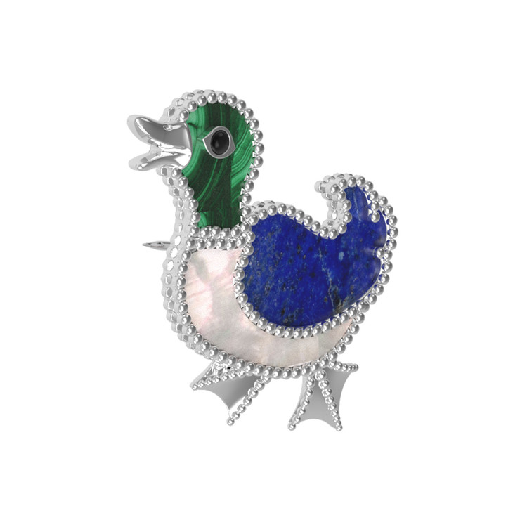 Брошь из белого золота c эмалью, лазуритом, малахитом и перламутром