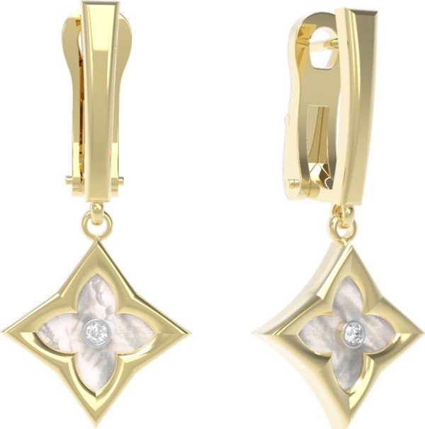 Серьги из лимонного золота 585 пробы c бриллиантами и перламутром