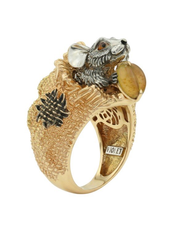 Кольцо из лимонного золота c эмалью и янтарём