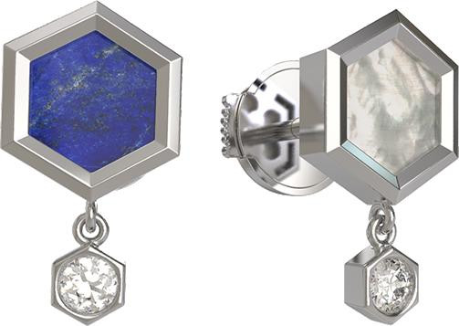 Серьги из белого золота c бриллиантами, лазуритом и перламутром