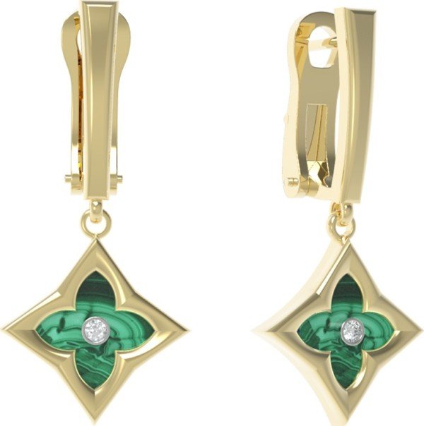 Серьги из лимонного золота c бриллиантами и малахитом