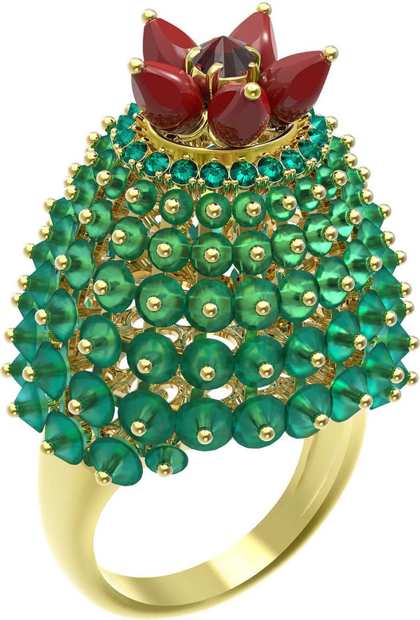 Кольцо из лимонного золота c гранатом, хризопразом, изумрудом и кораллом