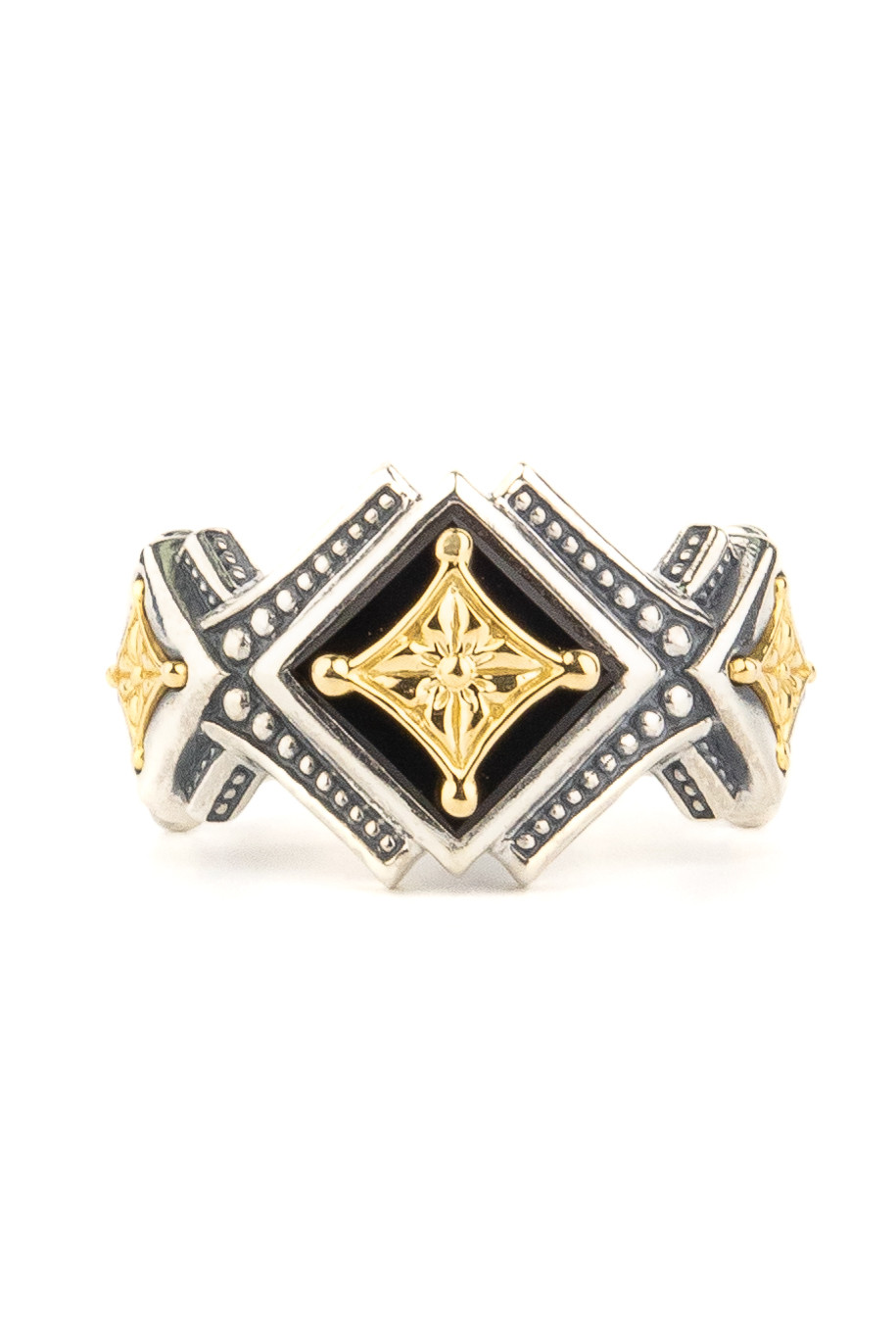 Кольцо из серебра и золота c ониксом и рубином