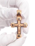 Крест из золота 585 пробы c эмалью, рубином и эбеновым деревом