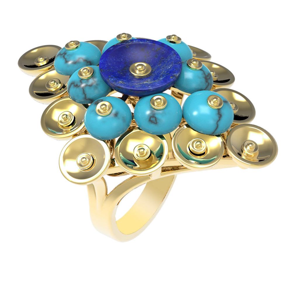 Кольцо из лимонного золота c бирюзой и лазуритом