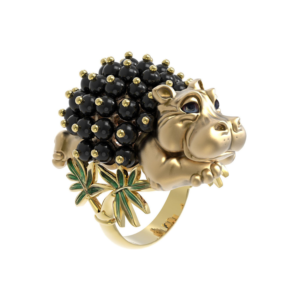 Кольцо из лимонного золота c эмалью и ониксом