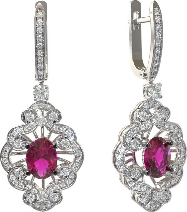 Серьги из белого золота c бриллиантами и рубином