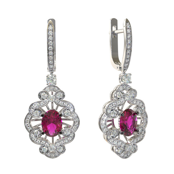 Серьги из белого золота c бриллиантами и рубином