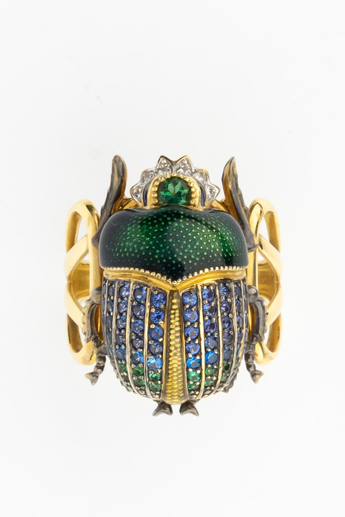 Кольцо из лимонного золота c эмалью, фианитом и турмалином