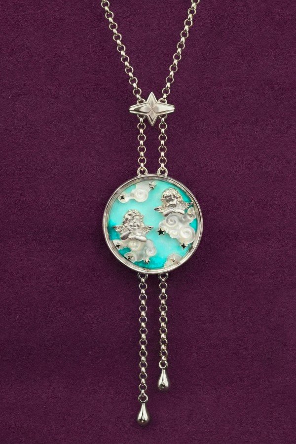 Колье из белого золота c бирюзой и перламутром