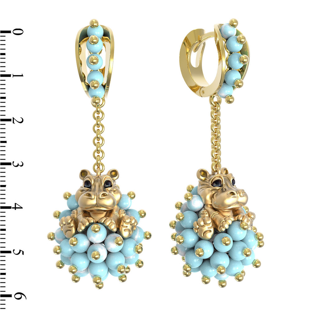 Серьги из лимонного золота c эмалью и бирюзой