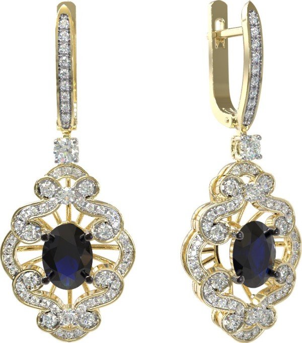 Серьги из лимонного золота 585 пробы c бриллиантами и сапфиром