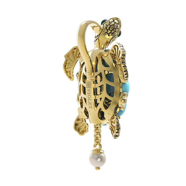 Подвеска из лимонного золота c эмалью, жемчугом и бирюзой