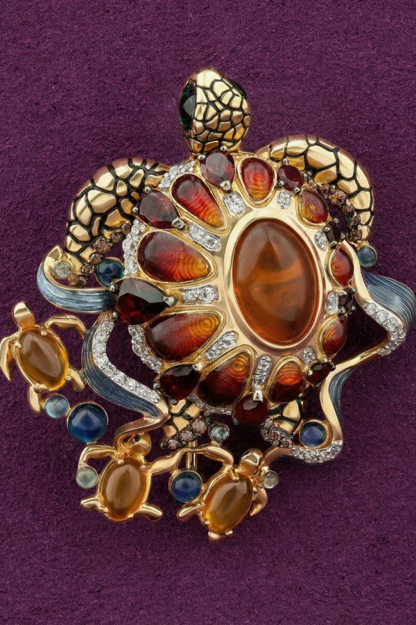 Брошь из лимонного золота 585 пробы c эмалью, фианитом, гранатом и янтарём