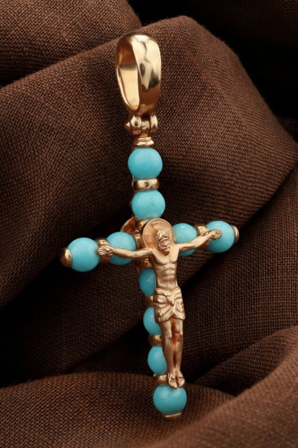 Крест из золота 585 пробы c бирюзой