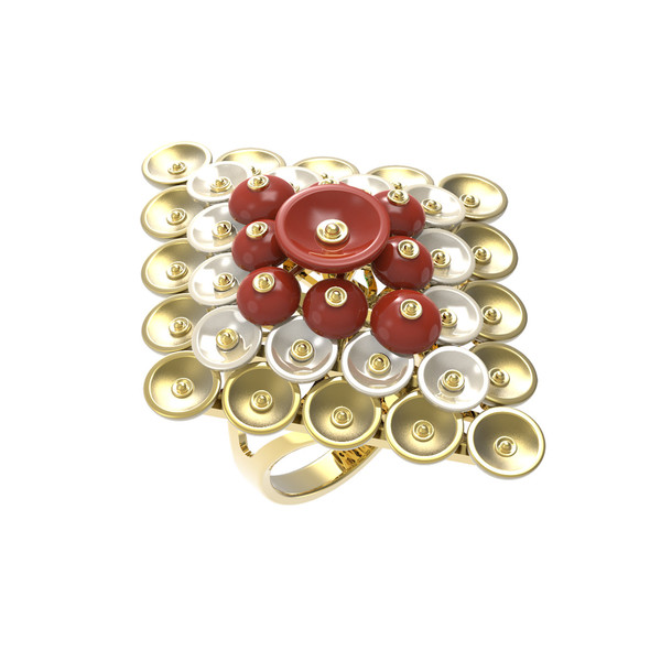 Кольцо из лимонного золота c агатом и перламутром