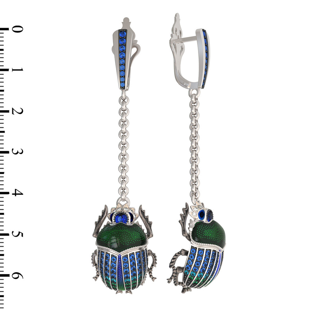 Серьги из белого золота c эмалью, фианитом и сапфиром