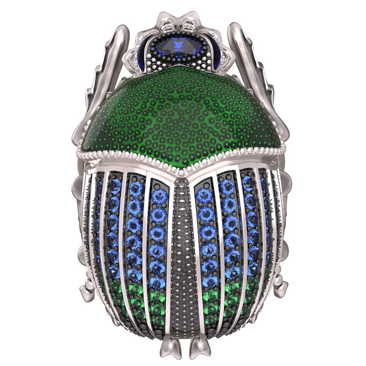 Кольцо из белого золота c эмалью, фианитом и сапфиром