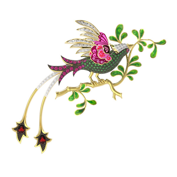 Брошь из лимонного золота c эмалью, фианитом и гранатом