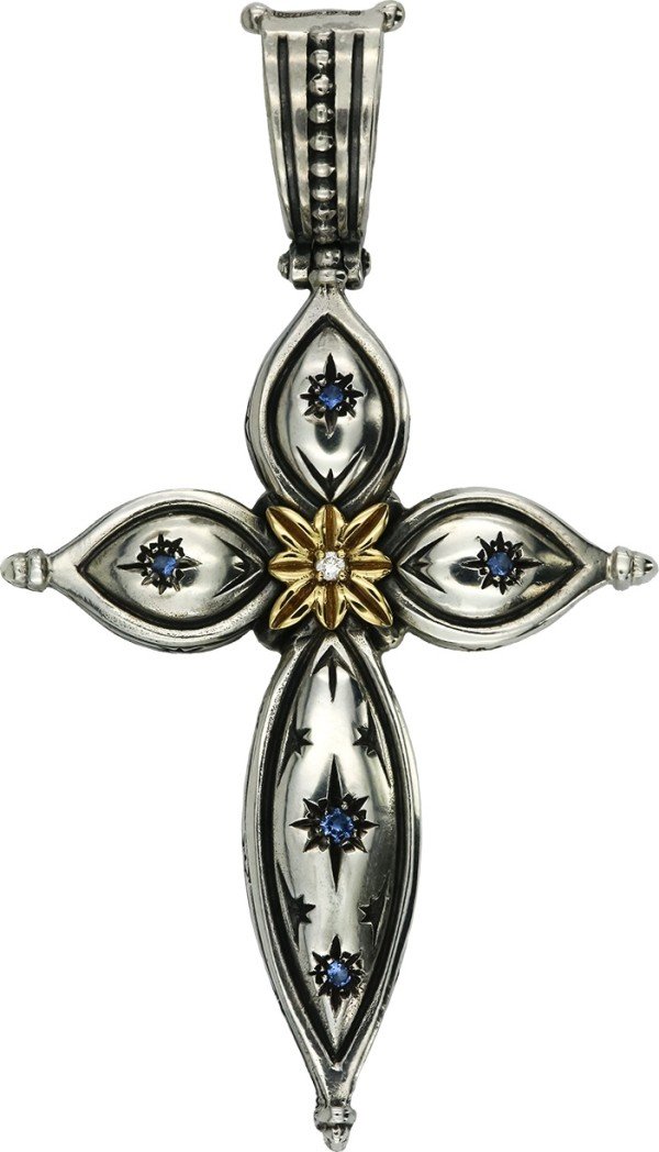 Крест из серебра и золота c фианитом, бриллиантами и рубином