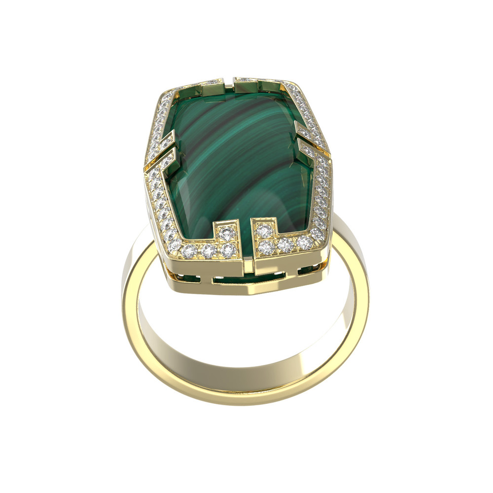 Кольцо из лимонного золота c бриллиантами, рубином и малахитом