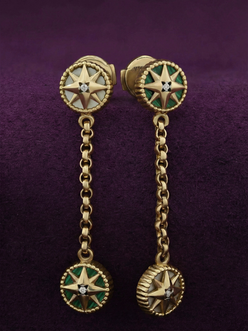 Серьги из лимонного золота c бриллиантами, малахитом и перламутром