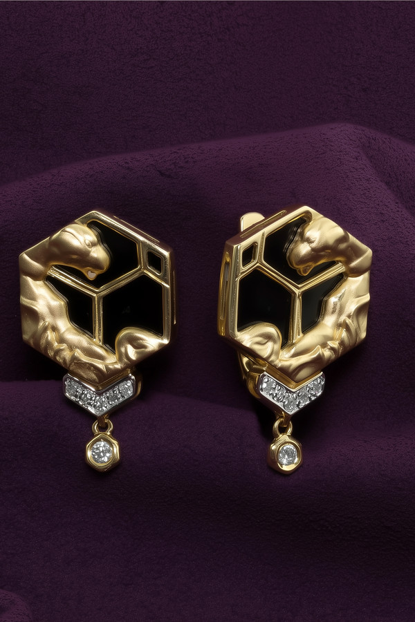 Серьги из лимонного золота c бриллиантами и ониксом