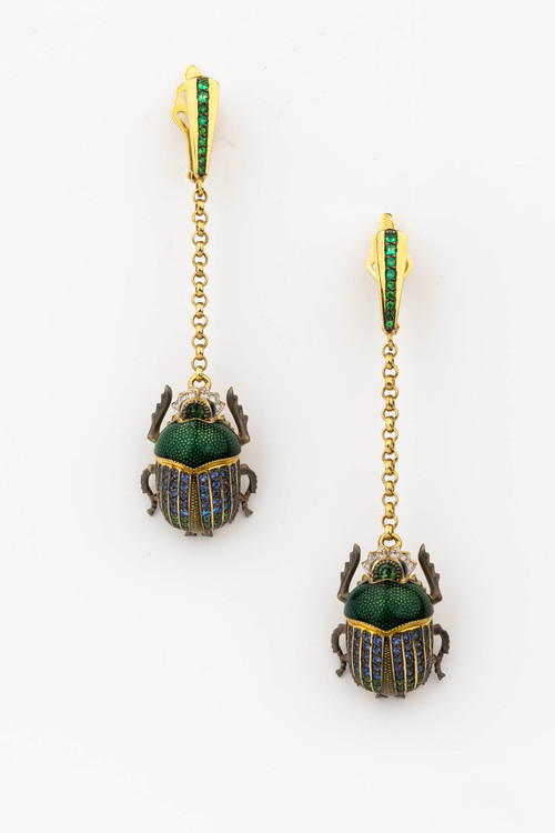 Серьги из лимонного золота c эмалью, фианитом, турмалином и сапфиром