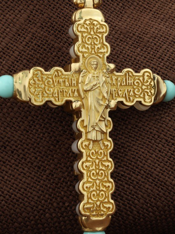 Крест из лимонного золота c бирюзой и кахолонгом