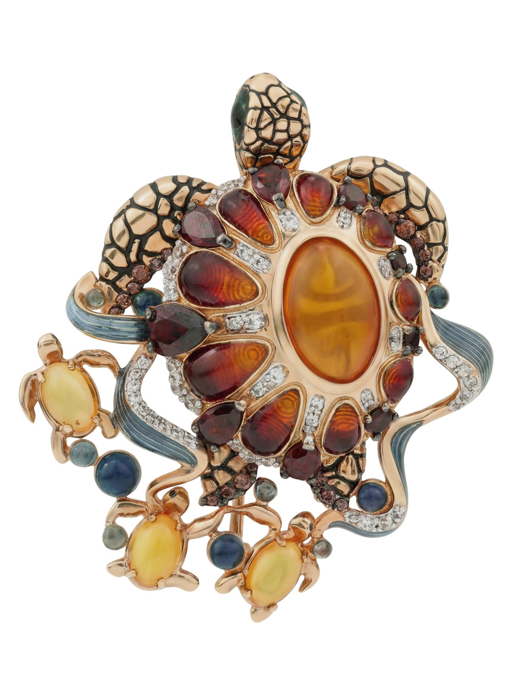 Брошь из золота c эмалью, фианитом, гранатом и янтарём